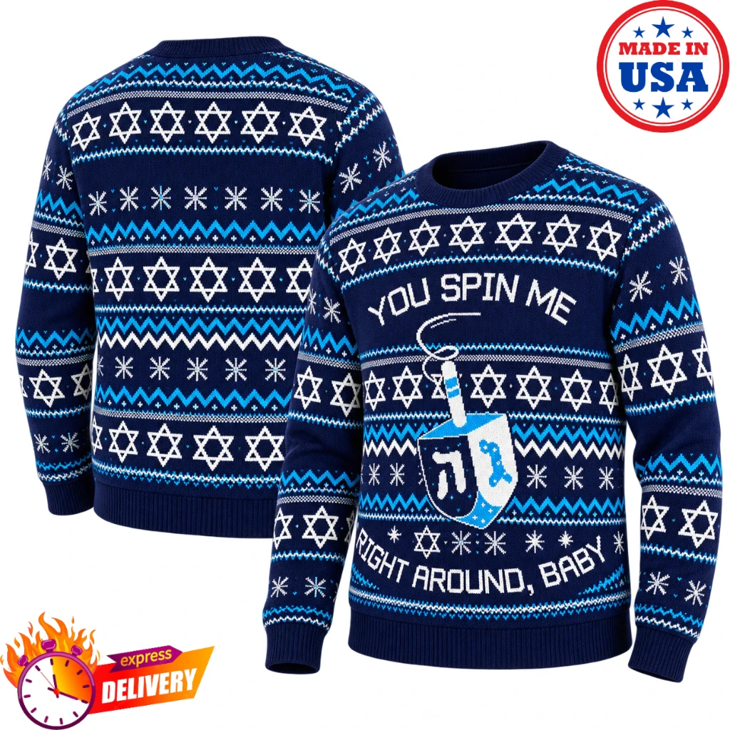 Hanukkah You Spin Me Right Around Baby Dreidel Navy Blue Holiday Sweater